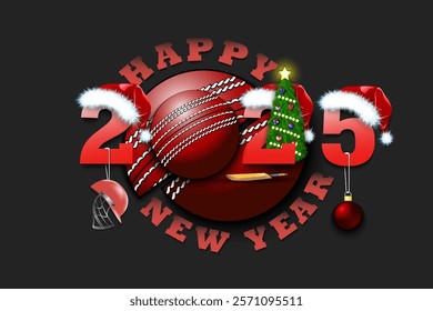 Happy new year. 2025 with cricket ball. Numbers in Christmas hats with cricket helmet and Christmas tree ball. Original template design for greeting card. Vector illustration on isolated background