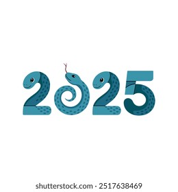 Happy New Year 2025, cute snake typography. Animal zodiac cartoon character. Chinese lunar new year graphic. Greeting card template. Vector illustration isolated on white background.
