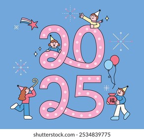 Happy New Year 2025. Cute characters are celebrating the New Year around large letters. Square banner.