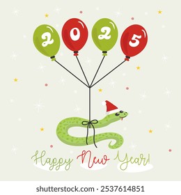 Happy new year 2025 with cute snake in xmas hat and balloons.