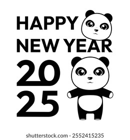 Feliz año nuevo 2025 con linda ilustración de oso panda de dibujos animados.