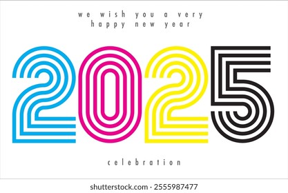 happy new year 2025 cyan magenta yellow and black color with white color background. happy new year 2025 text design. the template of business diary for 2025 happy new year.