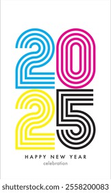 happy new year 2025 cyan magenta yellow and black color with white color background. happy new year 2025 text design. the template of business diary for 2025 happy new year.