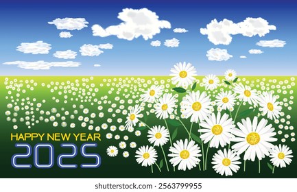 Happy New Year 2025 with Daisy Field. A picturesque New Year greeting card featuring the text Happy New Year 2025.The scene showcases a sprawling field of white daisies under a vibrant blue sky.