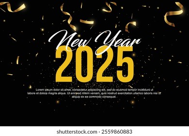 Happy New Year 2025. New Year Dark Banner with Golden numbers date 2025 on Dark Background