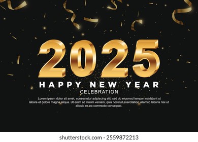 Happy New Year 2025. New Year Dark Banner with Golden numbers date 2025 on Dark Background
