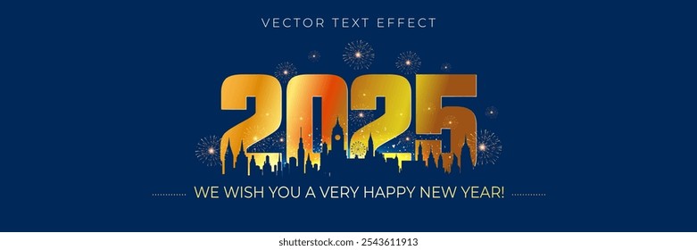 Happy New Year 2025. Decorated european city skyline, fireworks and celebration background. Vector illustration.