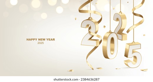 Happy New Year 2025. Decoration of golden white 3D hanging numbers with ribbons and confetti, holiday card design.