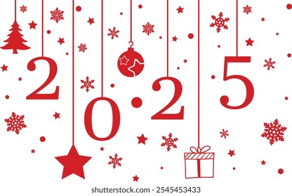 Happy new year 2025 with decoration on white background, Christmas red color border for decoration, Doodles and sketches vector isolated elements. 