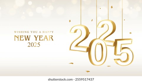 Happy New Year 2025. Decoration of golden white 3D hanging numbers with ribbons and confetti, holiday card design.