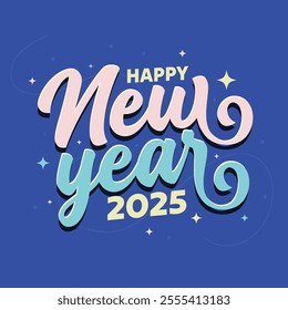 Happy New year 2025 decorative typography greeting card on blue background. Hand drawn new year 2025 calligraphy poster, banner, template design. New year logotype, sticker, label, tag.