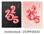 Happy New Year 2025 design of beautiful sparkling pink numbers on black and light background. Set of trendy modern winter banner, poster or greeting card template.