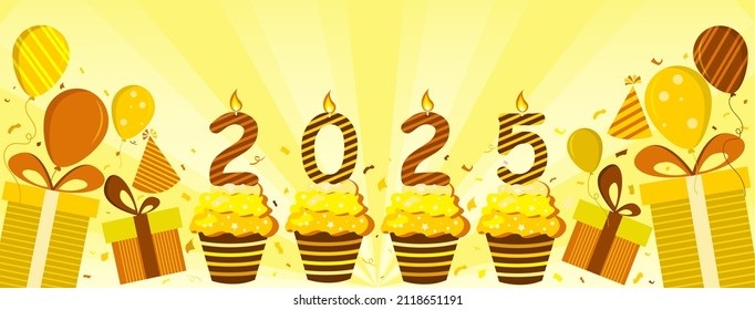 Happy new year 2025. Design card with decoration balloons and gift boxes in shades yellow color, vector illustration.