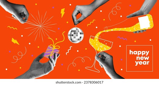 Happy new year 2025 design. With hands holding disco ball, champagne and sparkler. Colorful collage style illustrations. Vector design for poster, banner, greeting and new year 2025 celebration.