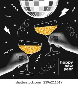 Happy new year 2025 design. With disco ball and hands holding champagne. Black collage style illustrations. Vector design for poster, banner, greeting and new year 2025 celebration.	