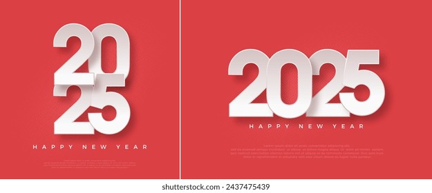 Feliz año nuevo 2025 diseño, con ilustración de números de papel sobre fondo rojo. Diseño simple de fondo de vector premium feliz año nuevo 2025.