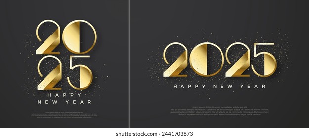 Happy New Year 2025 Design. With shiny luxury gold numbers, black background. Vector Premium for greetings, celebrations and welcoming the new year 2025.