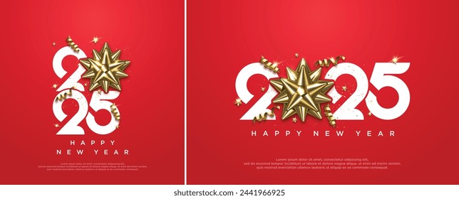 Happy new year 2025 design, With illustration of paper numbers on red background and gift ribbon. Premium simple design vector background Happy New Year 2025.