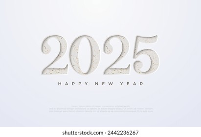 Feliz Año Nuevo 2025 Diseño. Con la ilustración del papel de prensa número 2025. Diseño vectorial premium para saludos y celebración de Feliz Año Nuevo 2024.