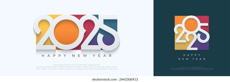 Happy new year 2025 design. With colorful truncated number illustrations. Premium vector design for poster, banner, greeting and new year 2025 celebration.