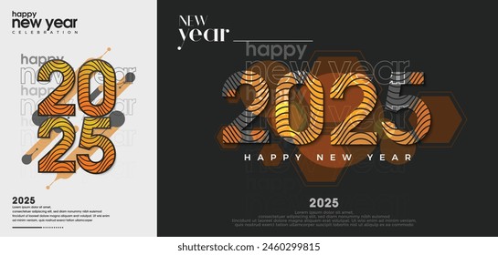 Happy New Year 2025. New Year 2025 design with a twisting striped ornament concept. Vector premium design for calendar design, posters, flyers and social media posts.