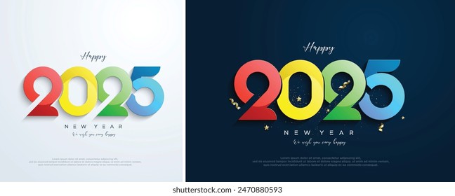 Feliz año nuevo 2025 diseño. Con ilustración de números de corte colorido. Diseño de Vector Premium para carteles de año nuevo 2025, Anuncios, saludos y celebraciones.