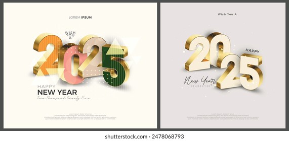 Happy New Year 2025 design with unique 3D numbers on a cream background. Premium vector design for Happy New Year 2025 greetings and celebrations.