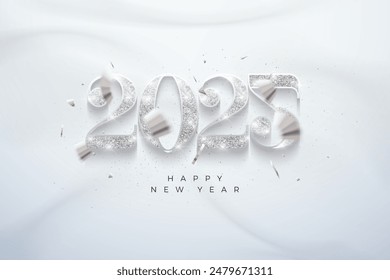 Happy new year 2025 design. With silver glittering metallic numerals. Glowing 3d realistic vector. Premium happy new year 2025 vector design for poster, banner, calendar and more.