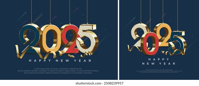 Feliz diseño de año Nuevo 2025 con números 3D únicos sobre fondo azul. Diseño de Vector de Premium para saludos y celebraciones Feliz Año Nuevo 2025.