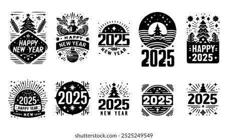 Happy new year 2025 design set. Black on white background. Design for poster, banner, greeting, 2025 celebration