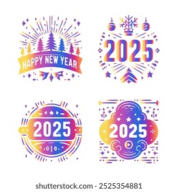 Happy new year 2025 design set. Black on white background. Design for poster, banner, greeting, 2025 celebration