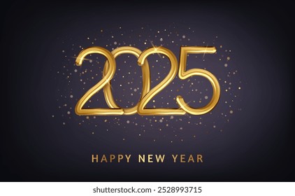 Happy new year 2025 design with shiny golden numerals with falling confetti. 2025 Golden 3d realistic number. Vector illustration