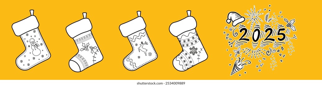 Happy new Year 2025 Design Hand Drawn Doodle Style New Year and Christmas black and white decorations and Vector Greeting Card Template. Christmas stocking socks set collection isolated on yellow back