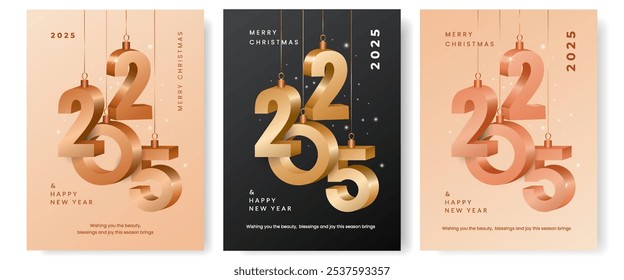 Happy New Year 2025 design of gold numbers. Set of trendy modern winter banner, poster or greeting card template.