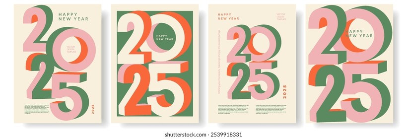 Feliz año Nuevo 2025 diseño de números. Conjunto de Plantilla moderna de Anuncio, póster o tarjeta de felicitación de moda.	