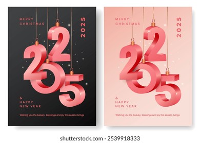 Feliz año Nuevo 2025 diseño de hermosos números de color rosa brillante sobre fondo negro y claro. Conjunto de Plantilla de Anuncio de invierno moderno de moda, póster o tarjeta de felicitación.