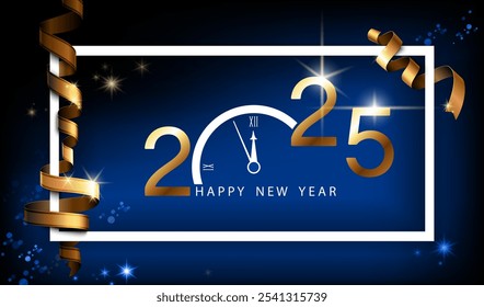 Happy new year 2025, design with golden numbers. White clock that counts down to five minutes past midnight. Blue background with white frame, gold ribbon. Elements for calendar, greeting cards