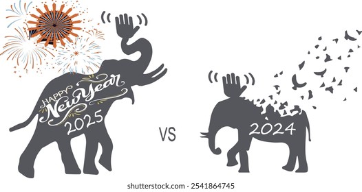 Happy new year 2025 design. With colorful truncated number illustrations.eps 10 Premium vector new year celebration concept. Elephant bye 2024.