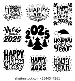 Happy new year 2025 design set. Black lettering and decoration elements isolated on white. Holiday design for banner, poster, greeting, 2025 celebration. Vector illustration.