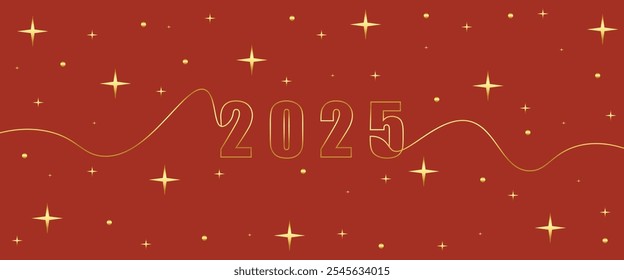 Feliz año nuevo 2025 diseño. Anuncio chino feliz año Nuevo 2025 sobre fondo rojo. Dibujado a mano 2025 Feliz Año Nuevo diseño de texto de logotipo de oro sobre fondo rojo. Anuncio chino feliz año Nuevo 2025.