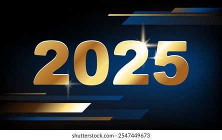 Happy New Year 2025. 2025. Design, gold numbers gold, stripes. Creative black, blue background. Futuristic design for poster, holiday, weekend. Elements for a calendar-postcard. Vector illustration