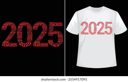 Happy New Year 2025 design for t-shirt, bags, mugs, stickers, banner, poster, icon, logo etc. Fully Editable Print Ready Template - Vector.