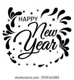 Happy new year 2025 design floral card in black vector illustration isolated on white background.