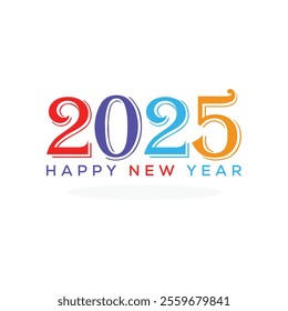 Happy New Year 2025 design with colorful, bold numbers in red, purple, blue, and orange. Stylish typography with ‘Happy New Year’ text below, creating a festive and elegant celebratory look.