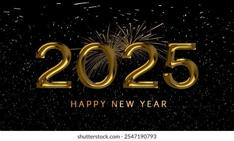 Happy new year 2025 design.2025 golden on New Year dark background with fireworks. Celebration New Year's Eve. Golden fireworks on dark night sky