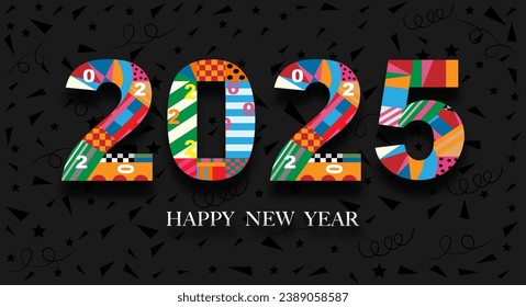 Happy new year 2025 design,Colourful geometric style on black background,Vector Typography text deco design for poster, banner,greeting,Christmas,New year 2024 celebration,Xmas,Year of the Snake