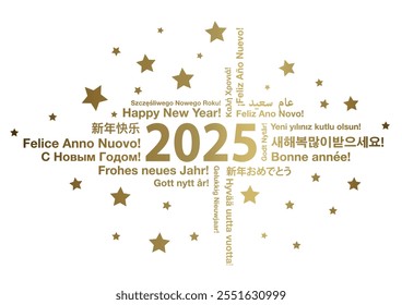 Happy New Year 2025 in different languages word cloud greeting card concept, vector illustration