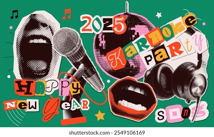 Happy new year 2025 disco paerty paper stickers set. With hands holding mike, disco ball, singing mouths. Colorful collage style illustrations. Vector design for poster, banner, greeting