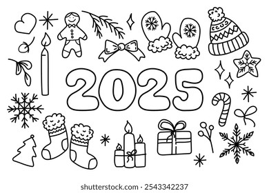 Elementos de doodle feliz ano novo 2025, conjunto de elementos de inverno na cor preta isolada no fundo branco.