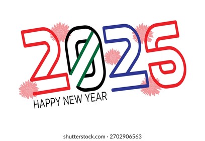 Feliz año Nuevo 2025 tipografía de Vector dinámico | Números de contorno decorativos florales modernos | Anuncio de celebración vibrante con crisantemos rosados.